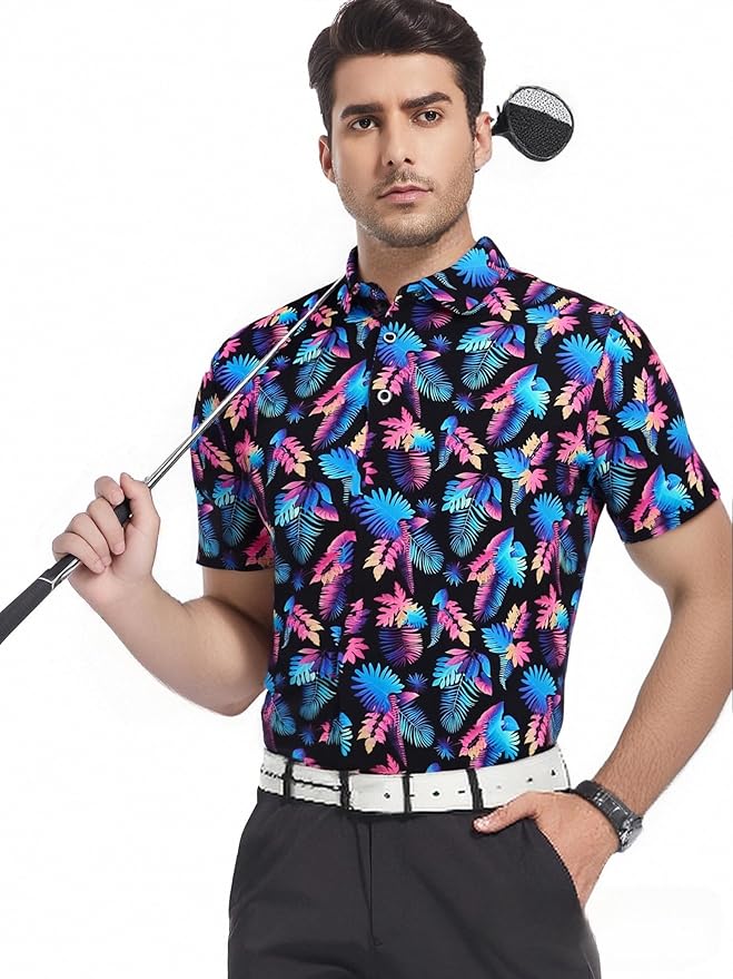 SAMERM Golf Shirts for Men Super Stretch Jacquard Dry Fit Golf Polo Moisture Wicking Short Sleeve Polo Shirts for Men