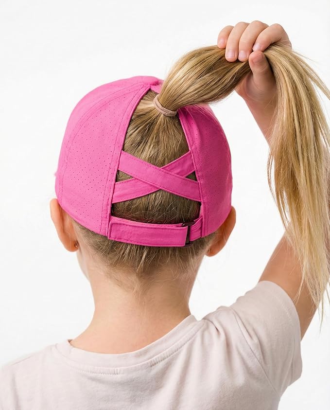 Little Girls Reflective Baseball Cap Criss Cross Ponytail Hat Kids Quick Dry Mesh Summer Sports Hat for Toddler Ages 3-8