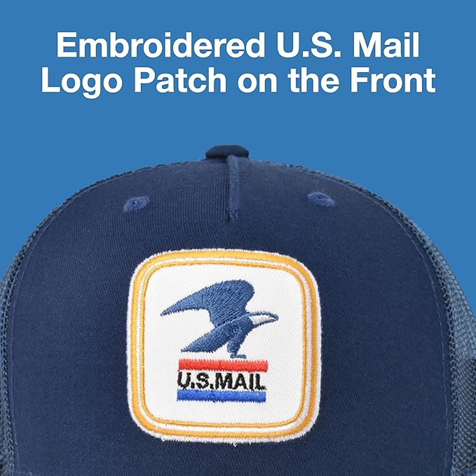 U.S. Mail Trucker Hat, USPS Eagle Embroidered Logo Adjustable Adult Snapback Cap with Curved Brim, Navy Blue, One Size