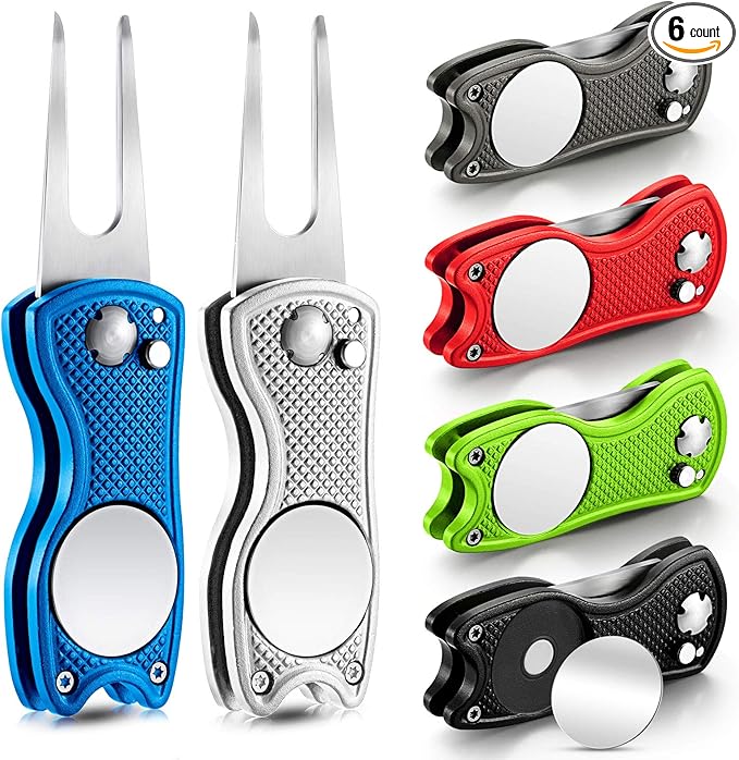Skylety 6 Packs Golf Repair Tool Stainless Steel Foldable Golf Divot Tool Magnetic Button Ball Marker