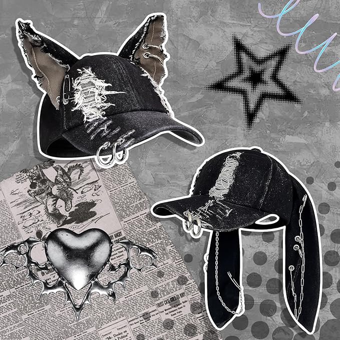 Shyyween Y2K Grunge Hat with Ears Bunny Ear Hat Cat Distressed Denim Baseball Cap Iron Ring Punk Outfit for Women Accessories