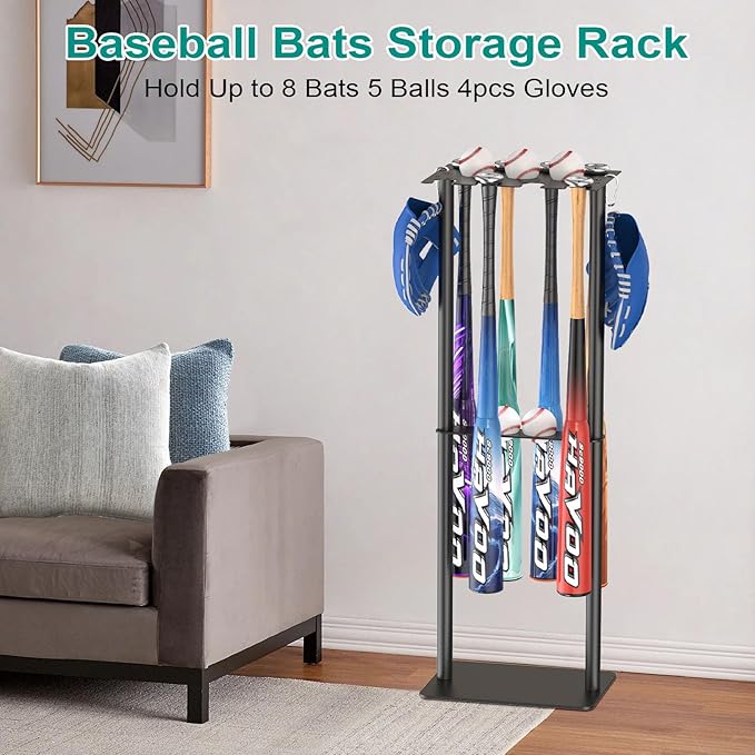 QBA Baseball Bat Holder Stand, Free Standing Bat Rack Holds Up to 8 Bats, 5 Balls, 4pcs Gloves, Bat Organizer for Home Garage Dugout, Black