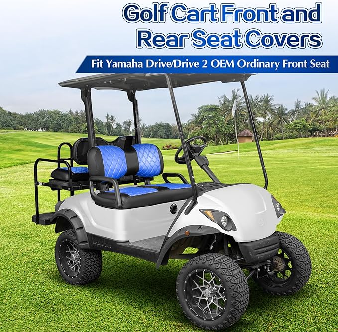 NOKINS 4PCS Golf Cart Diamond Seat Covers Kit,Front and Rear Seat Covers for Club Car Precedent/EZGO TXT/Yamaha Original Regular Seat Cushion (Blue and Black, Fit Yamaha Drive/Drive 2)