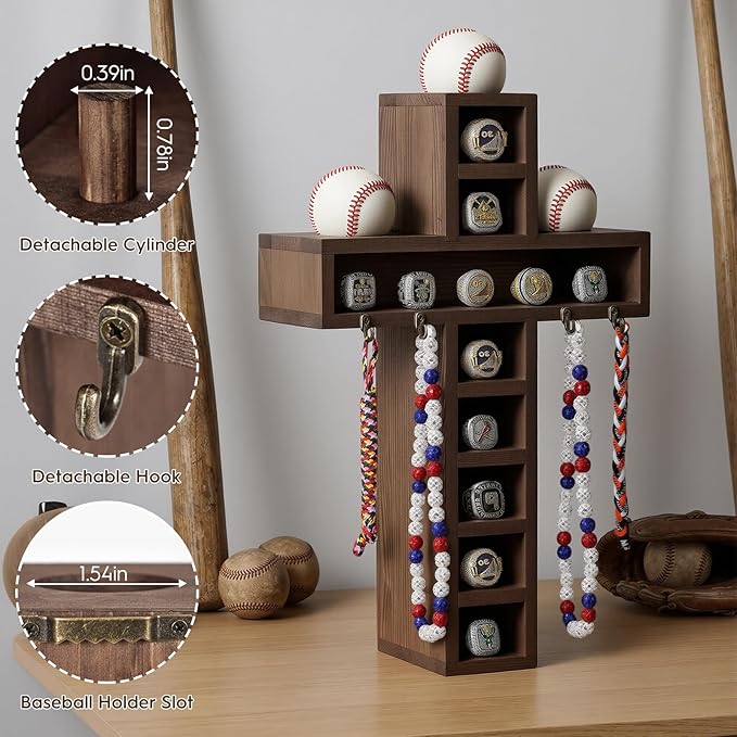 Cross Baseball Ring Display Case with 4 Extra Hooks,3 Baseball Display Location and 12-Slot,Wooden Wall Mount Baseball Ring Holder for Collection Balls, Medals,Sports Champion Rings
