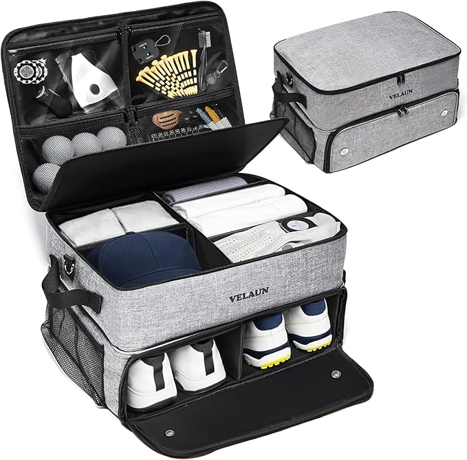Golf Trunk Organizer, Golf Accessories for Men, Car Storage Bag with 2 Shoe Compartments, Adjustable Dividers for Gear, Durable Water-Resistant Design, Ideal Gift for Golfers