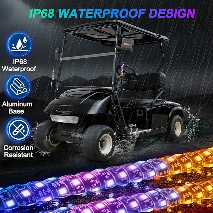 iLSKW 2-Pack 1FT Golf Cart LED Whip Lights Holder, for 0.59-1.18" Rails, APP&Remote Control RGB Whips, with Brake Turn Reverse Signal Function, for 36V 48V 72V Golf Carts (Included DC Converter)