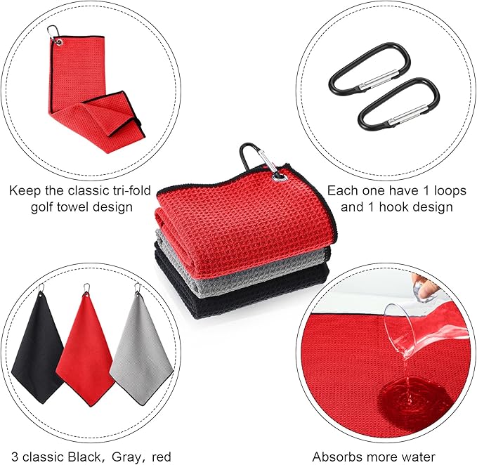 Batiyeer Golf Towel Bulk for Golf Bags 16'' x 16'' Microfiber Fabric Towel with Clip Waffle Pattern, Fitness, Camping, Hiking, Yoga