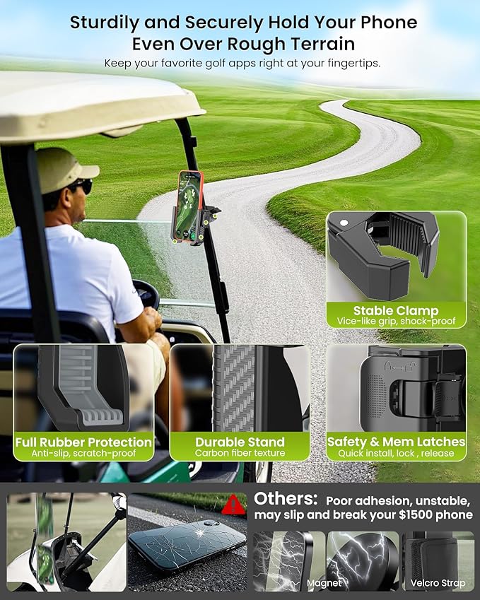 Golf Cart Phone Holder Mount - 3s Phone Clip Install, 1s Lock & Release，Phone Caddy for iPhone Galaxy & More Fits Yamaha Club Car EZGO Icon, Golf Cart Accessories Essentials Gift for Men Women