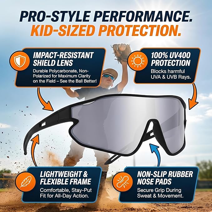 Kids Baseball Sunglasses - Youth Baseball Sunglasses for Boys Girls - Sports Softball Shades Age 6-14