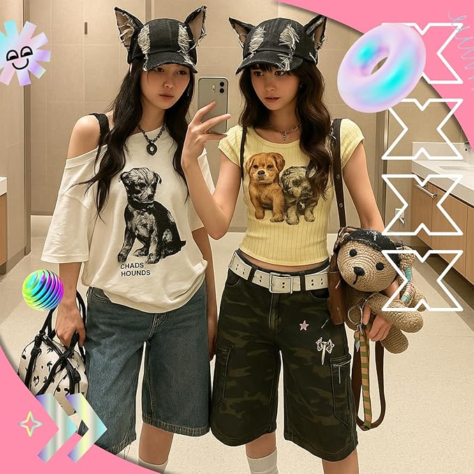 Shyyween Y2K Grunge Hat with Ears Bunny Ear Hat Cat Distressed Denim Baseball Cap Iron Ring Punk Outfit for Women Accessories