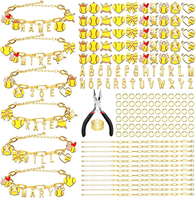 Kigeli 394 Pcs Sports Bracelets for Women DIY Game Bracelets kit Softball Baseball Football Jewelry Crafts Adjustable Gold Letter Charms Keychain for Team Sport Lovers Gifts