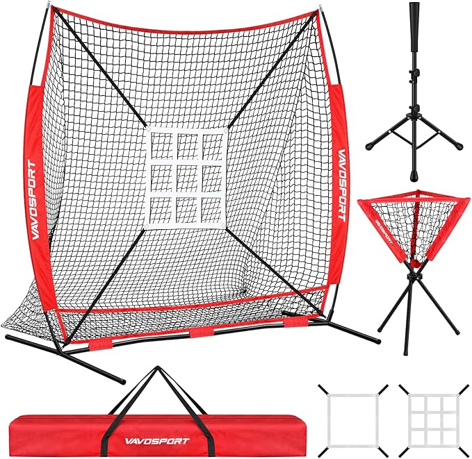 7x7' Baseball & Softball Net for Batting Pitching Hitting - Large Ball Collection System, Portable Baseball Training Equipment with Strike Zone, Tee, Ball Caddy, for Adult Sport,Youth Practice