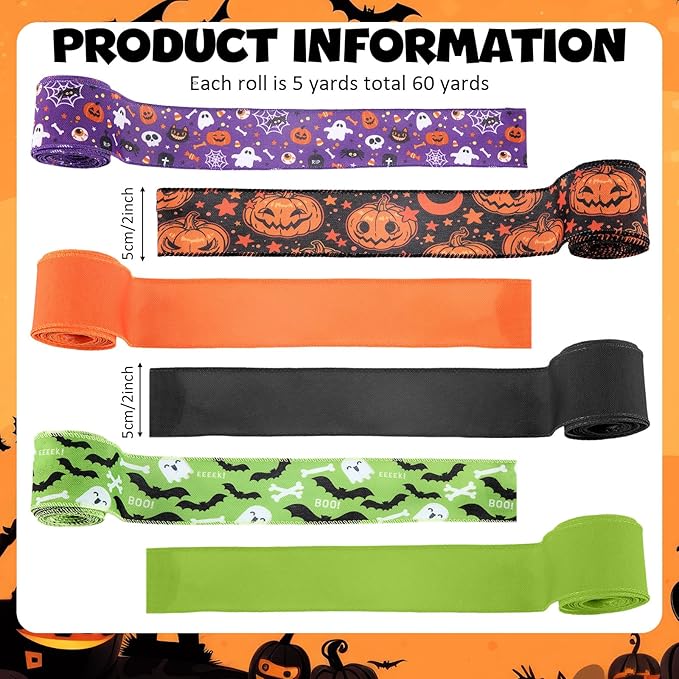 12 Rolls Halloween Wired Edge Ribbon - Image 2