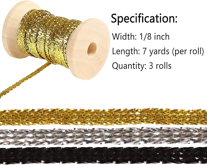 Gold&Silver Set Thin Ribbon 1/8 inch Metallic Braided Double Faced Ribbons - Image 2