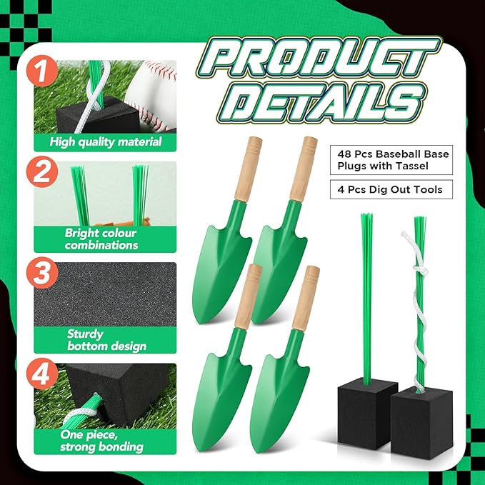 Shappy 48 Pcs Base Plugs Baseball Base Anchors with Tassel Heavy Duty Rubber Plug Dig Tools for Baseball Field Softball Drill