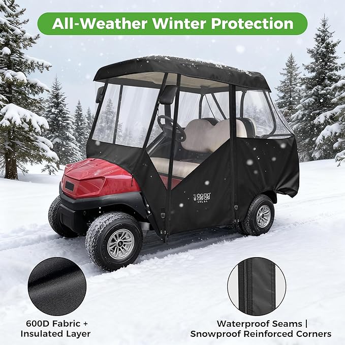 10L0L 2/4/8 Passenger Golf Cart Enclosure for Club Car Precedent/Tempo/Onward, 600D Waterproof Golf Cart Rain Cover, Driving Enclosure with 4-Sided Clear Windows Roll-up Door Black -Roof 58"-141"