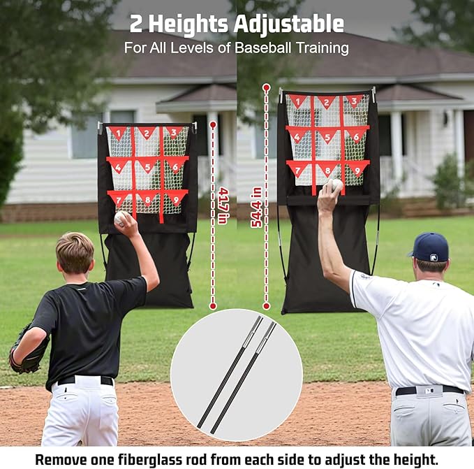 Storgem 9 Hole Pitching Net with Strike Zone, Baseball Softball Pitching Target Net with Automatic Ball Return, Portable Pitcher Training Equipment Height Adjustable, Carry Bag