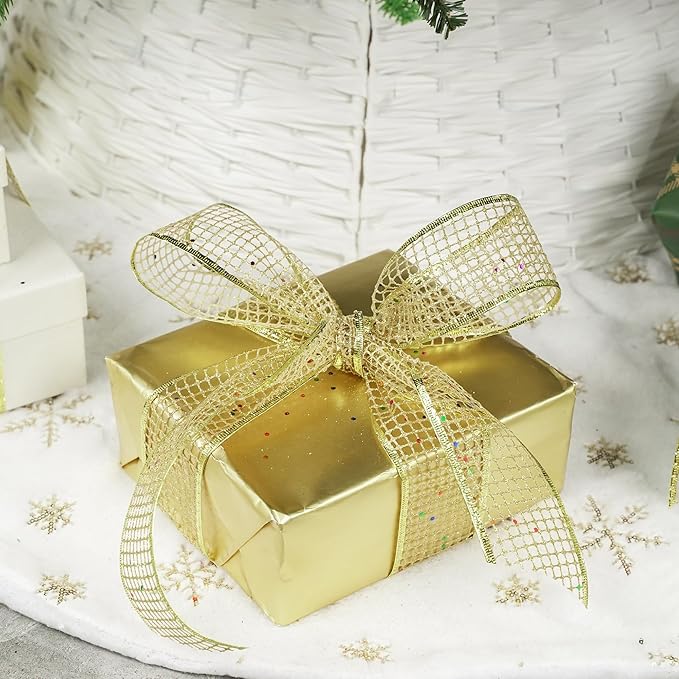 MEEDEE Gold Glitter Ribbon Gold Christmas Ribbon 2.5 Inch Square Mesh Net Wired - Image 4
