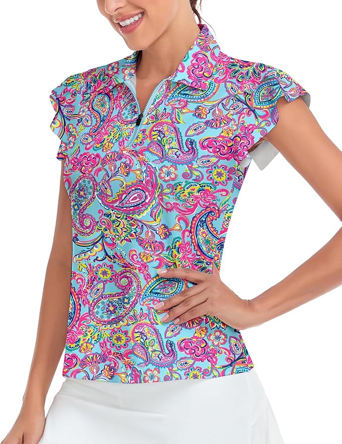 Soneven Womens Petal Sleeve Golf Shirts Moisture Wicking Lady Golf Apparel Print Tennis Sport T Shirt