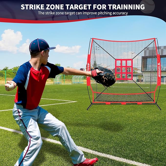 BAGAIL 7x7 ft Baseball & Softball Practice Net with Bow Frame for Batting, Hitting, Pitching, Portable Baseball Throwing Net with Strike Zone, Carry Bag, Baseball Training Aid for All Levels