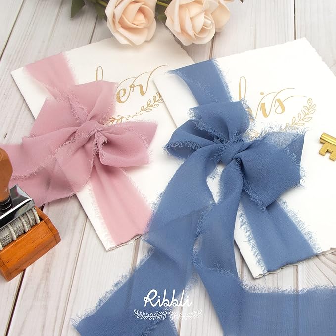 Ribbli Chiffon Silk Ribbon, 1.5 in x 30 Yards, Ivory/Dusty Rose/Dusty Blue - Image 3