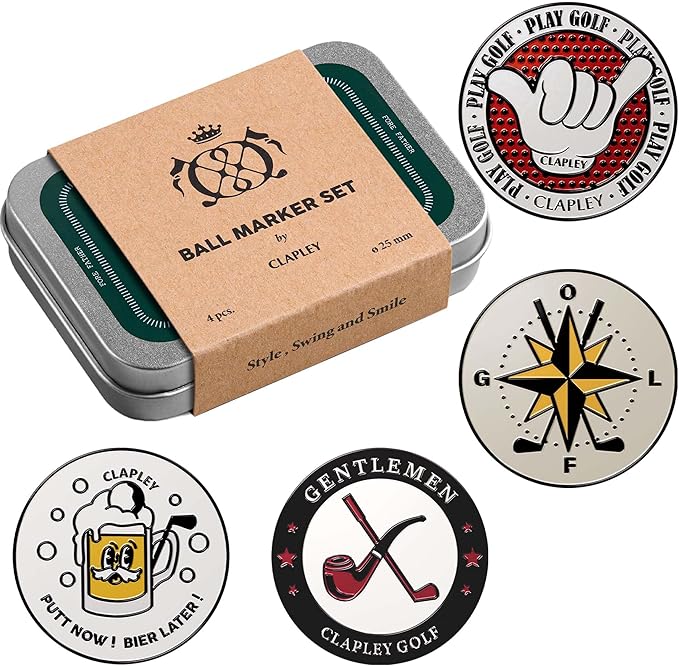 Clapley Ball Markers, Premium Gift Box Set for Golfer, 4pcs Stainless Steel & Oven-Cured Enamel, Eye-catching & Easy to spot, Pair with Magnetic Glove & Clip