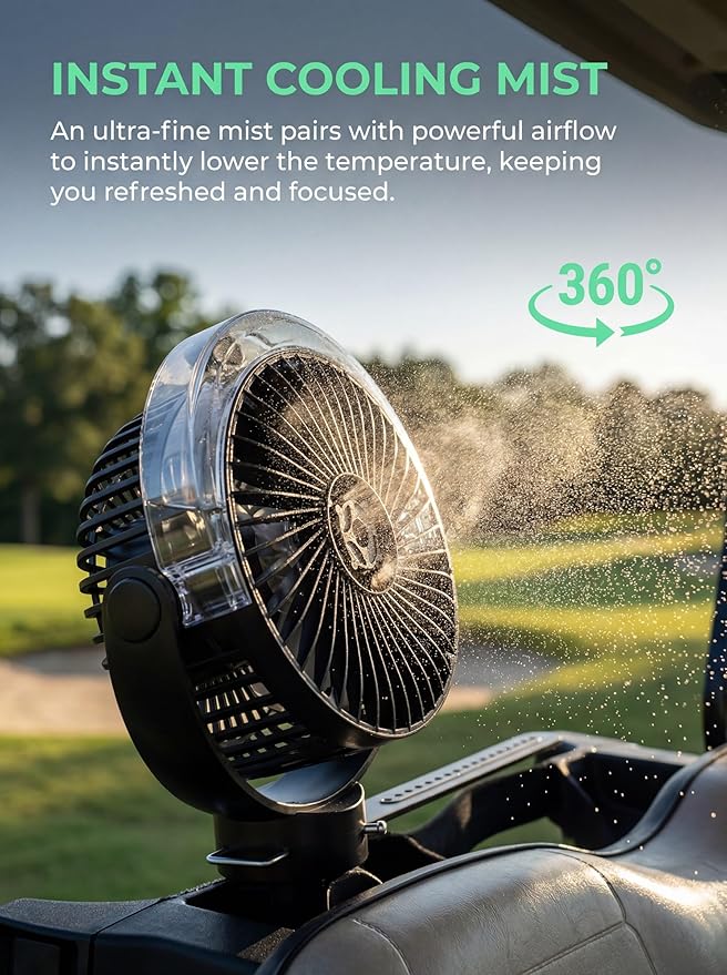 Magnetic Golf Cart Misting Fan with Heavy-Duty Strap, 12000mAH Battery Operated Portable Fan with 4 Speeds, LED, Timer, Suitable for EZGO Club Car Yamaha, Golf Cart & Camping Accessories 2026