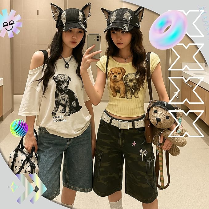 Shyyween Y2K Grunge Hat with Ears Bunny Ear Hat Cat Distressed Denim Baseball Cap Iron Ring Punk Outfit for Women Accessories