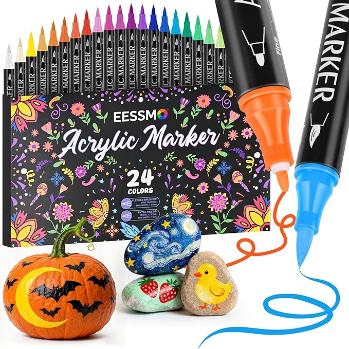 24 Colors Dual Tip Acrylic Paint Markers, Acrylic Paint Pens by Eessmo