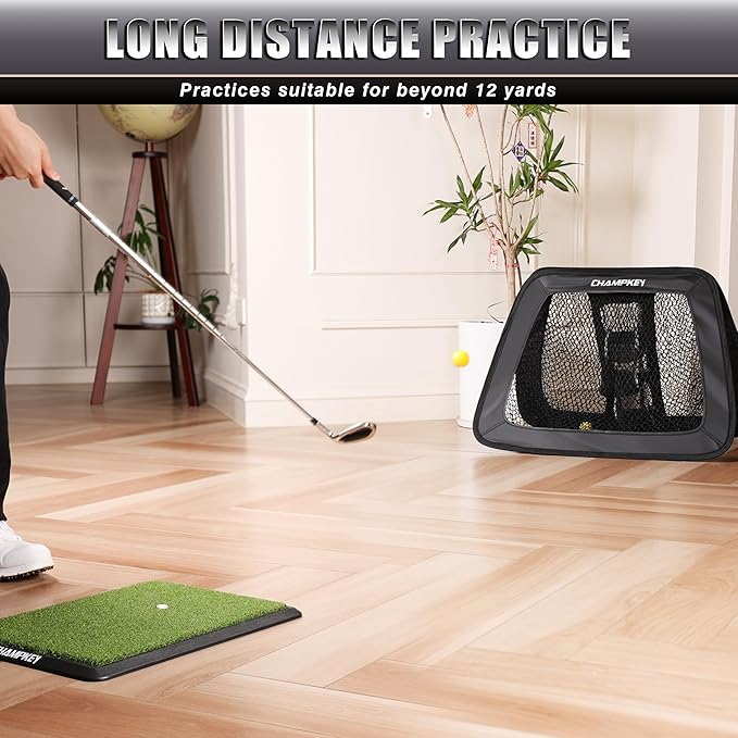 CHAMPKEY Double -Sided Golf Chipping Net with Mat and 12 Foam Balls - Professional Golf Practice Net Ideal for Indoor and Outdoor Training