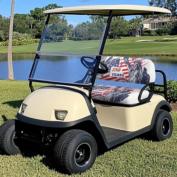 Yewatlles Golf Cart Seat Covers Seat Kit, Printed Breathable Golf Cart Seat Cushions Golf Blanket Golf Club Car Accessories 250 Years American Flag Pattern