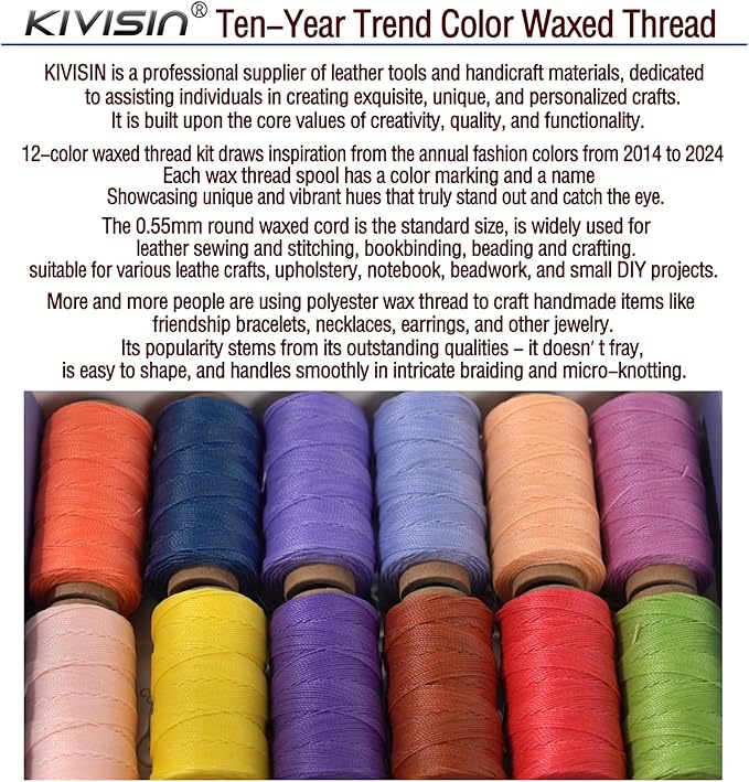 10-Year Popular Assorted Colors Round Waxed Thread -0.55mm 70 Yards 12 Spools - Image 5