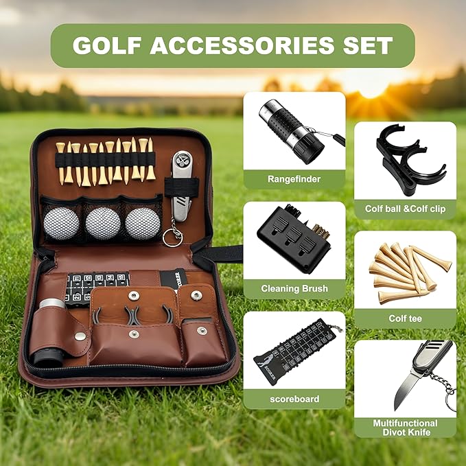Seticek Golf Gifts for Men and Women,Golf Accessories Set with Gift Boxes, Golf Ball,Golf Tees,Brush,Multifunctional Divot Knife,Golf Ball Clamp,Rangefinder,Scorer