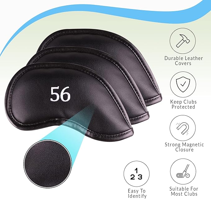 All Teed Up Premium Magnetic Leather Iron and Wedge Golf Club Head Covers | Set of 10 | Fits Most Clubs | Embroidered Club Label on Both Sides of Club Head Cover