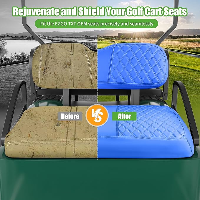 10L0L Golf Cart Seat Covers for Club Car Precedent,EZGO TXT Front/Rear Seats Diamond Pattern,Vinyl Leather with Adjustable Straps and Retractable Buckle, No Stapler Needed