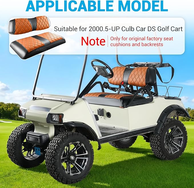 Golf Cart Diamond Seat Covers Kit Suitable for 2000.5-UP Club Car DS Standard Front Seat Cushion, Club Car Front Seat Covers Kit No Drilling & Waterproof (Brown PVC Leather & Black Stitching)