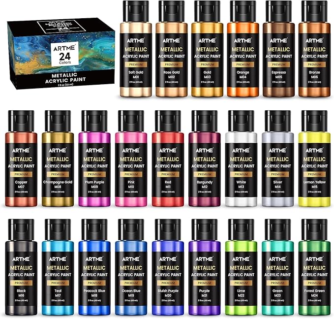 ARTME Metallic Acrylic Paint Set, 24 Metallic Colors in 2 oz/60ml Bottles by ARTME