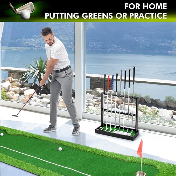 XCSOURCE Wooden Golf Putter Stand, Golf Club Holder Stand Floor Display Rack, Golf Club Rack for 8 Clubs and 12 Balls Storage, Golf Club Organizer for Indoor Home Office Club Simulator