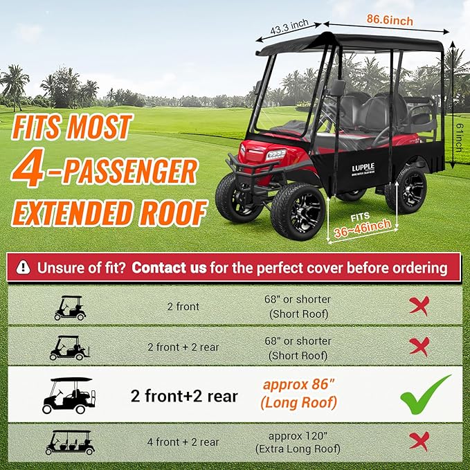 Golf Cart Enclosure 4 Passenger Extended Roof for EZGO/Club Car/Yamaha/ICON, Fits 2+2 Seater Model, 600D Waterproof Rain Cover with Clear PVC Windows and 4-Sided Roll-Up Zipper Doors