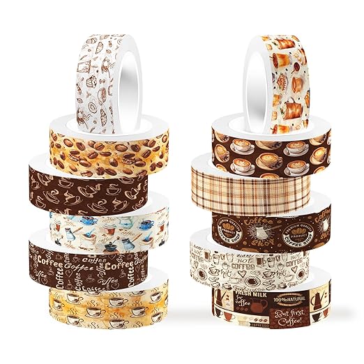 12 Rolls Coffee Washi Tape Set, Vintage Coffee Decorative Tapes, Retro Brown by Unknown