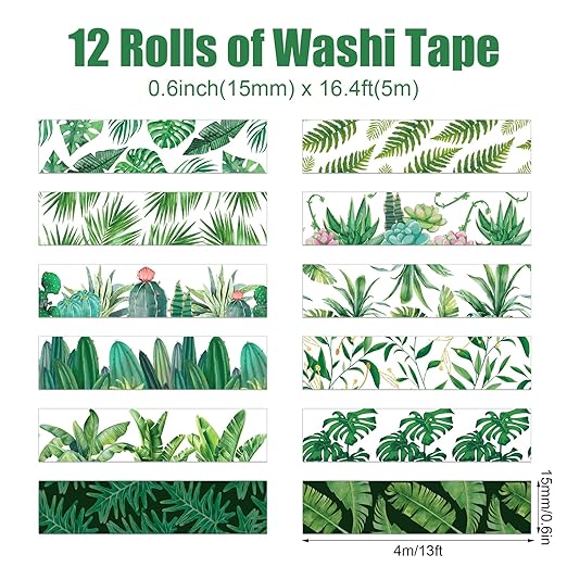 12 Rolls Greenery Washi Tape Set, Summer Tropical Leaves Masking Tape - Image 2