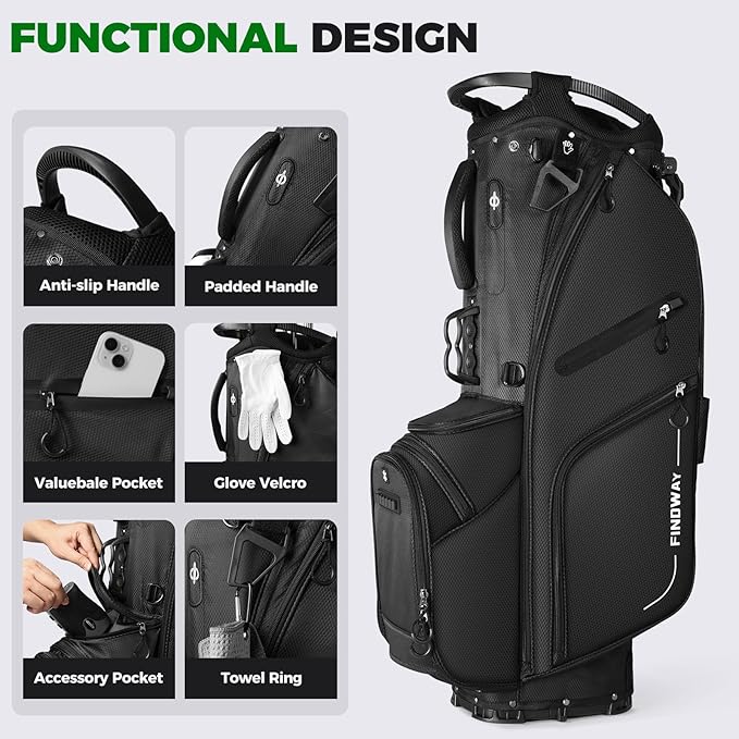 Findway 14 Way Golf Stand Bag, Lightweight Golf Bag with Stand for Men Women, Golf Club Carry Bag with Dual Strap, Rain Cover, Multiple Pockets, Golf Ball Holder