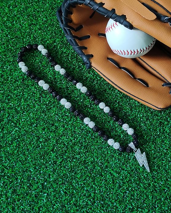 Baseball Necklace for Men 16/18/20 Inch Bling Ice Collection Lightning Bolt Pendant Necklace for Women Rhinestone Clay Beaded Discoball Accessories Gifts for Baseball Team Players Lovers