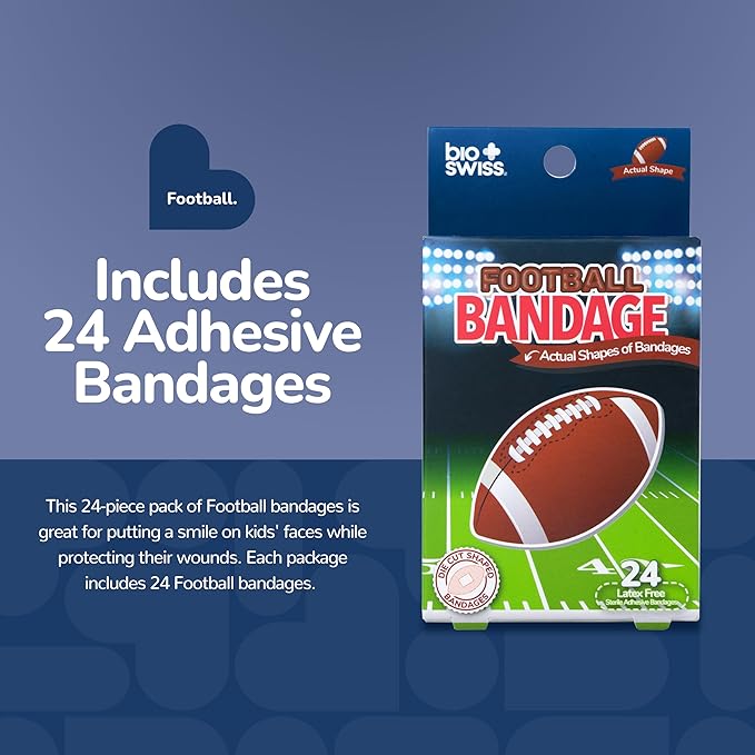 BioSwiss Bandages, Football Shaped Self Adhesive Bandage Set, Latex Free, Sterile Wound Care, 24 Count