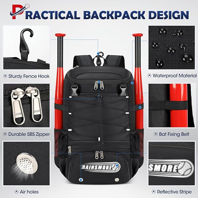 RAINSMORE Baseball Bag for Youth & Adult Lightweight Softball Bat Bag with Shoe Compartment, External Helmet Holder and Fence Hook Waterproof Baseball Backpack Hold T-Ball, Bat and Softball Equipment