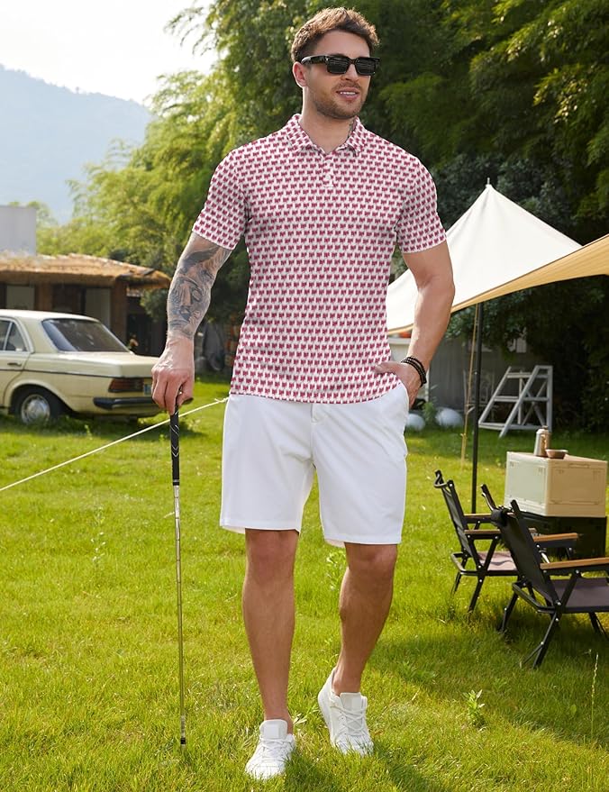 HUURAY Funny Golf Polos for Men Funny Print Short Sleeve Shirts Quick Dry Polo Shirts Hawaiian Shirt Performance Golf Outfits