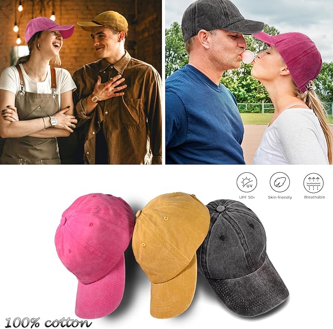 3 Pack Washed Plain Vintage Baseball Cap Cotton Adjustable Twill Bulk Low Profile Classic Dad Hat for Men/Women