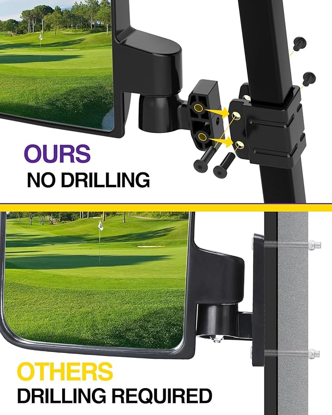 HOWBOW Golf Cart Mirrors Kit, Adjustable 180 Degree Rotation and Foldable-HD Shatterproof Glass Mirrors for EZGO Club Car Yamaha, No-Drilling Golf Cart Side Mirror and Rear View Mirror Kit