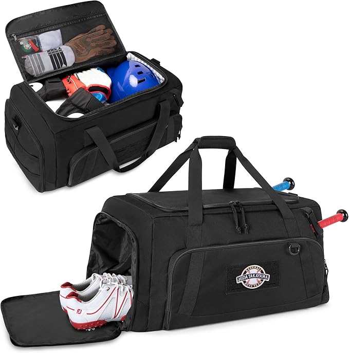 GOBUROS Tactical Baseball Duffle Bag with 2 Bat Holder, Catchers Gear Bag for Softball Equipment, Travel Baseball Bags with Shoe Compartment for Gym Sports
