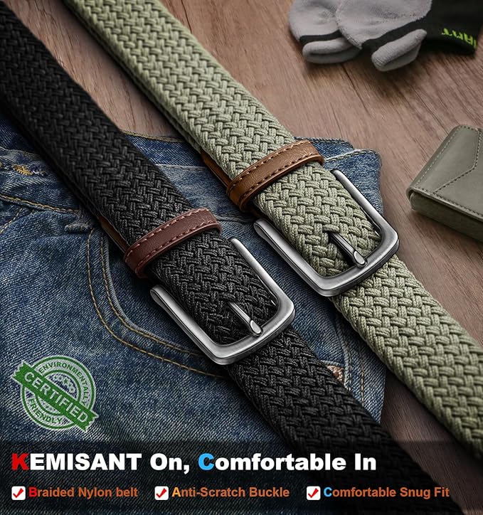 KEMISANT Men's Golf Belt 2 Pack-Braided Woven Stretch Belt for Gift Men Casual Jeans Sports Work 1 3/8"